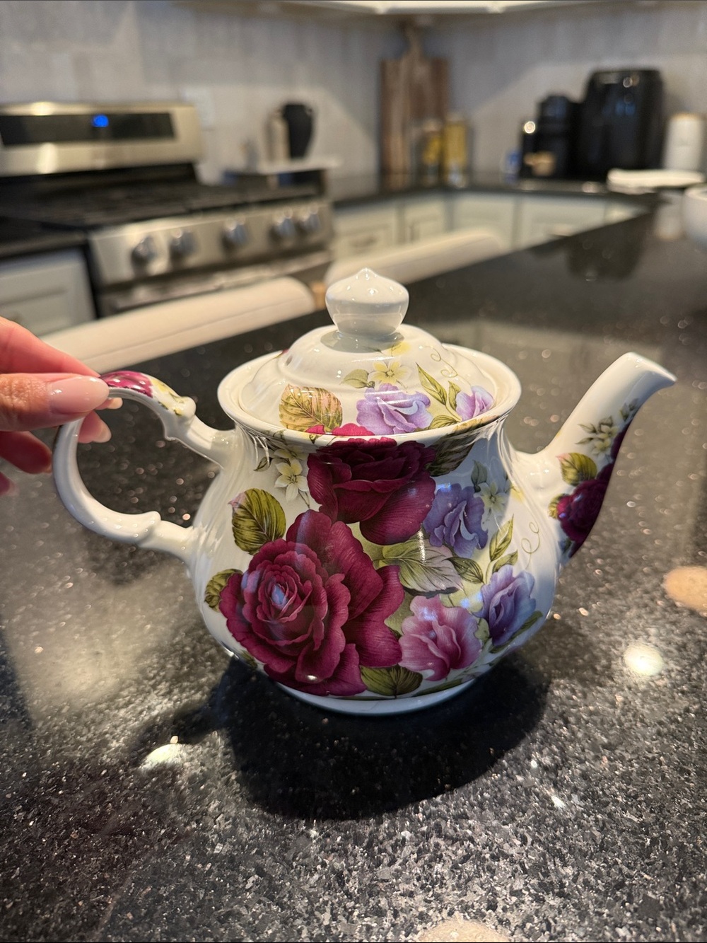 Classic Floral Porcelain Teapot - White with Burgundy & Lavender Roses